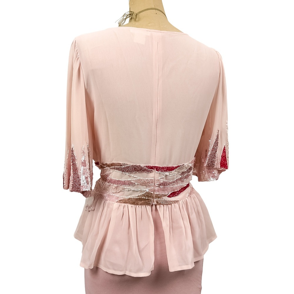 Y2K Glam Sequin Beaded Peplum Blouse V-Neck Flutter Sleeve Top Pink Coquette L - Picture 3 of 9